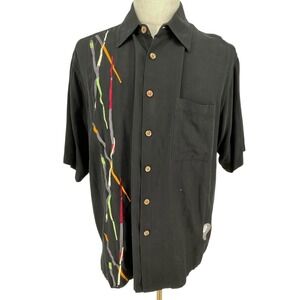 Caribbean Mens Black Silk Short Sleeve Button Up Shirt Abstract Pool Billiard L‎